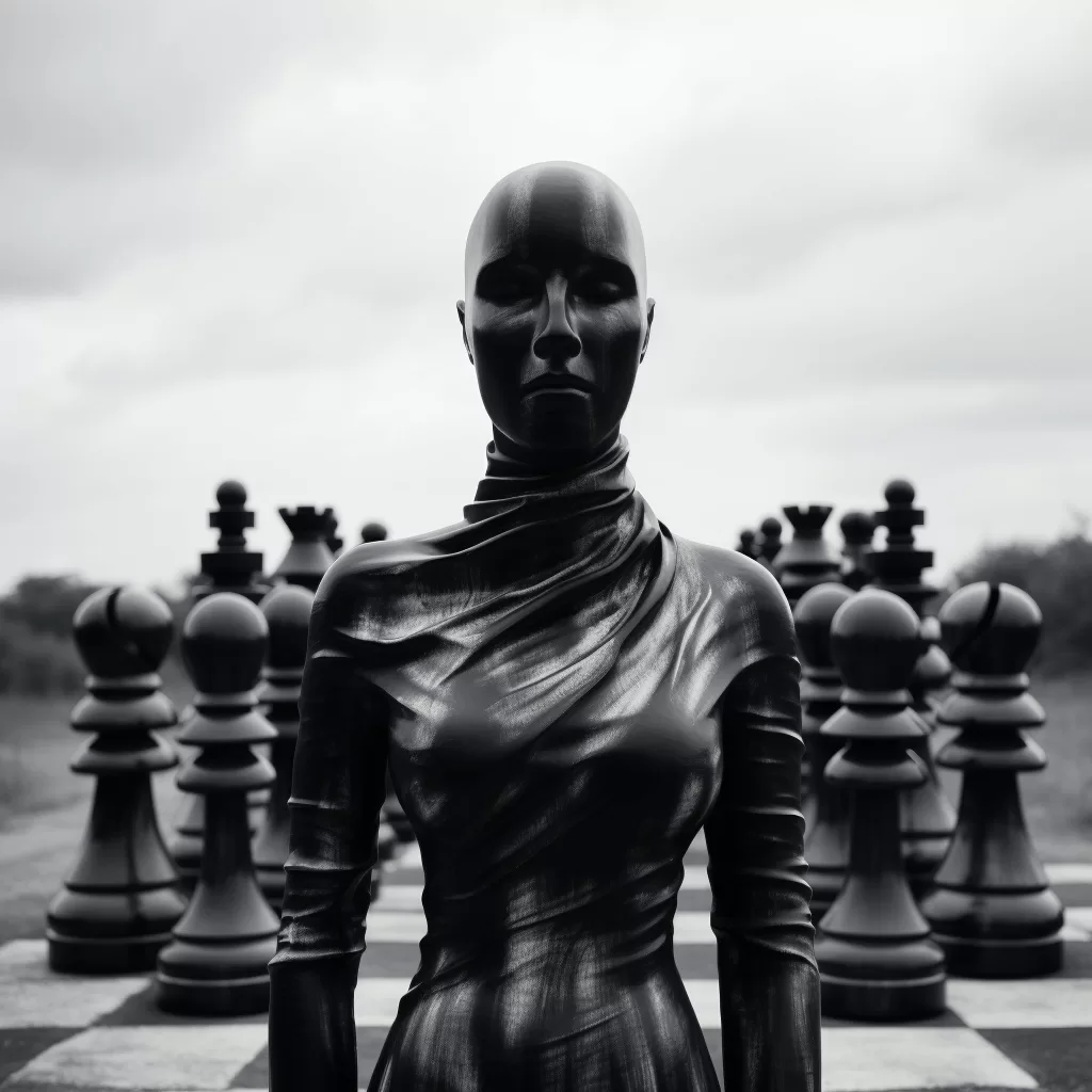 view dramatic chess pieces with mysterious figure (1)