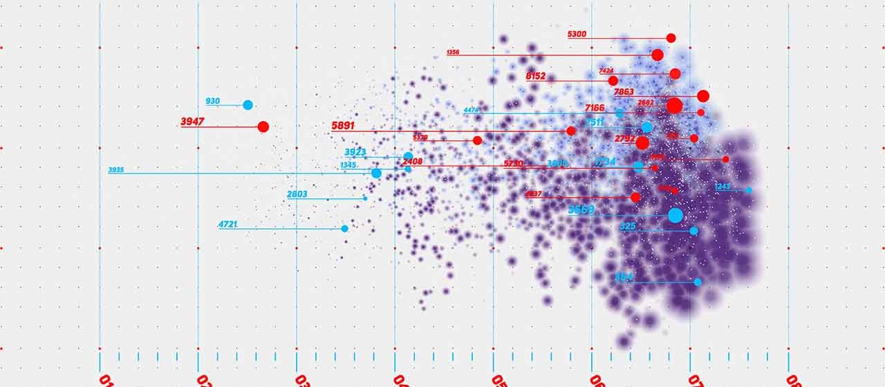 Vector abstract colorful big data point plot visualization. Futuristic infographics design. Visual information complexity. Intricate data threads graphic. Social network, financial analytics.